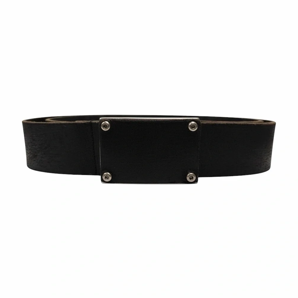 Vintage Aviator Black Leather Belt with Silver Plate Buckle